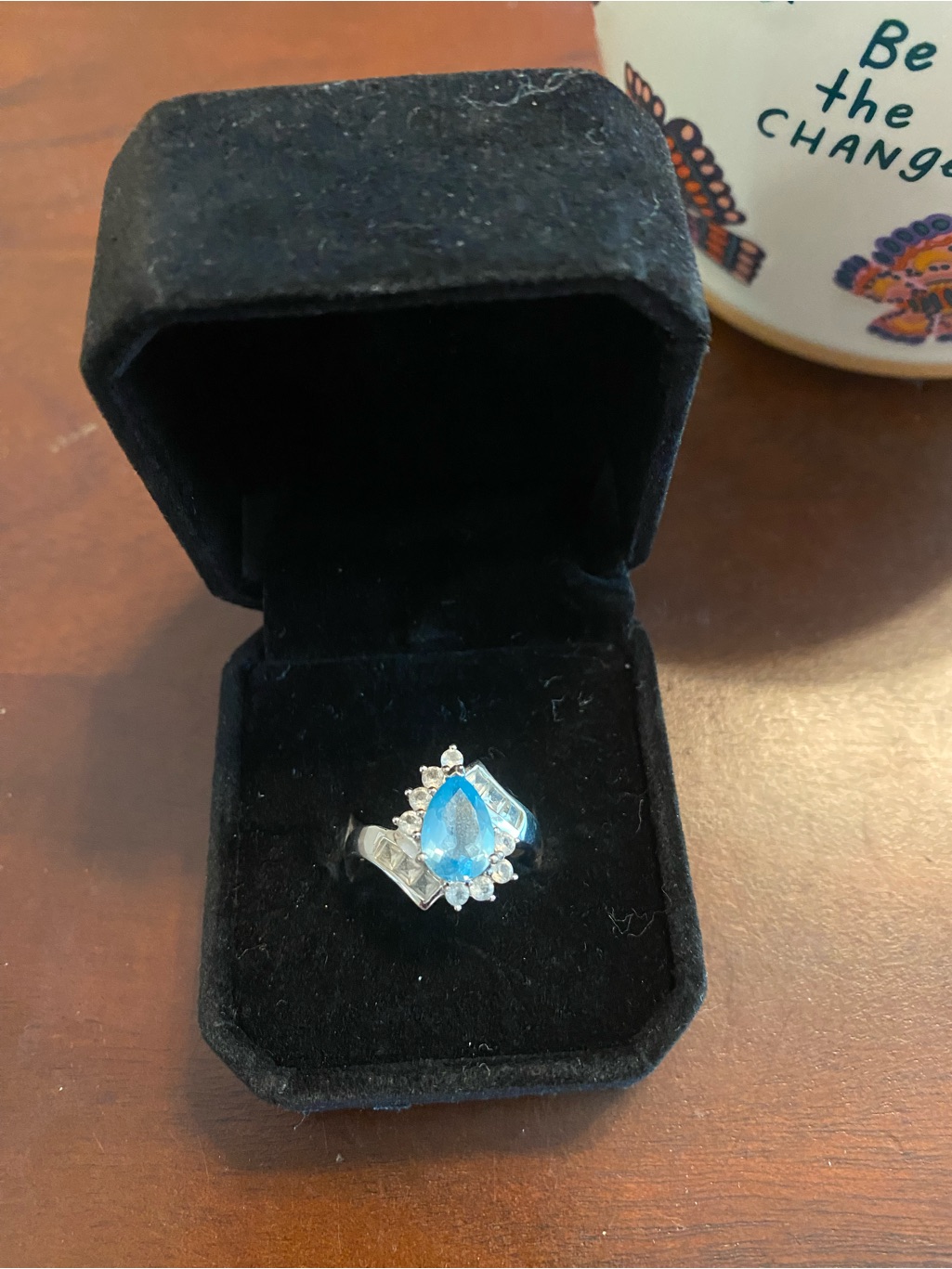 10k White Gold Blue Topaz Teardrop With Diamond Accents Sz 7